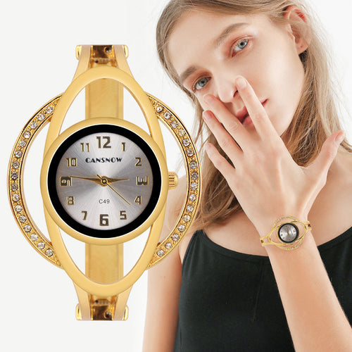 New Rhinestone Women Bangle Watch cansnow Elegant Fashionable Elegant Women Open Clasp Steel Band Quartz Bracelet Watch