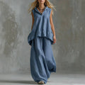Spring-Summer Casual Fashion Linen Cotton Sleeveless Wide Leg Pants + Top 2-Piece Set