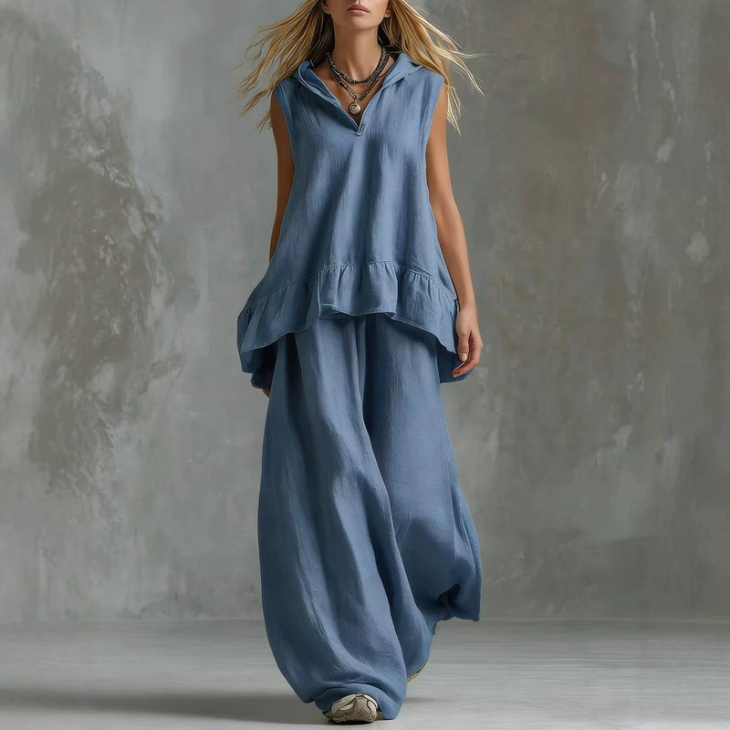 Spring-Summer Casual Fashion Linen Cotton Sleeveless Wide Leg Pants + Top 2-Piece Set