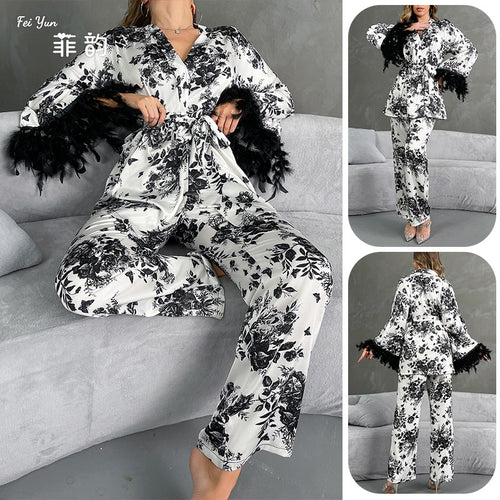 跨境电商temu热卖女士水墨花睡袍性感羽毛开衫居家服浴袍睡衣833