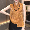 Summer New Chinese Retro Sleeveless Stand Collar Diagonal Placket Frog Button Shirt + Tee