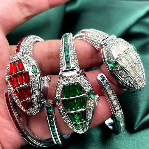 2023 New Bestseller Rhinestone Snake Bangle Watch Snake Shape Bracelet Quartz Open End Watch Cross-Border Hot Sale