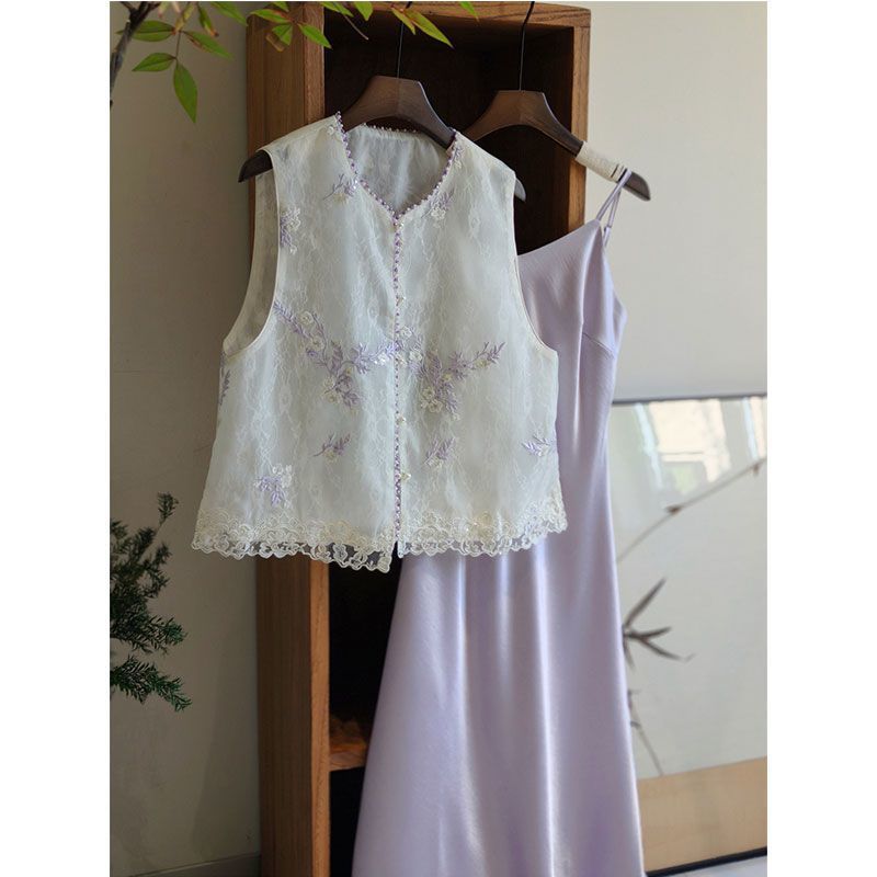 Summer New Chinese Lightweight Vest + Tank Top 2-Piece Set