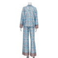 Satin Print Two-Piece Set - Collared Long Sleeve Shirt plus Wide Leg Pants Women