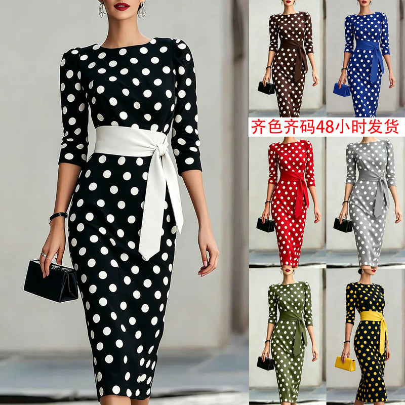 2026 Retro Polka Dot Fitted Mid-Length Dress