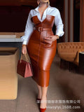 Office PU Belt Color-Block Shirt Dress, Long Sleeve