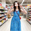 Korean Style Blue Vacation Dress, 3D Embroidered Halter Neck Sleeveless Long Dress