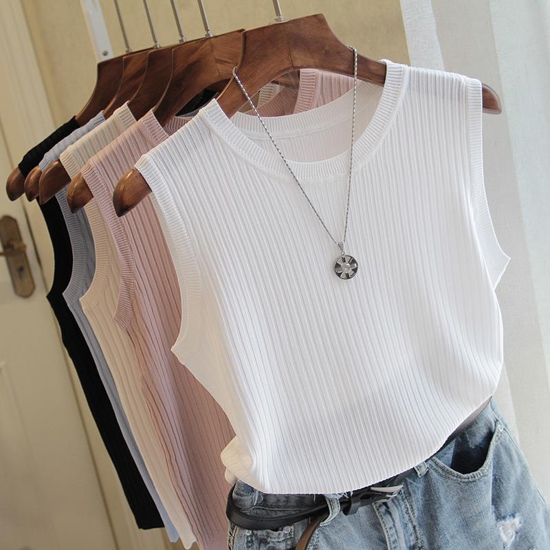 Round Neck Knit Tank Top - Wide Strap Ice Silk Sleeveless Vest Women