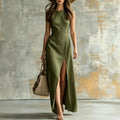 Minimalist Sleeveless Belted Slit Long Dress, Vacation Style