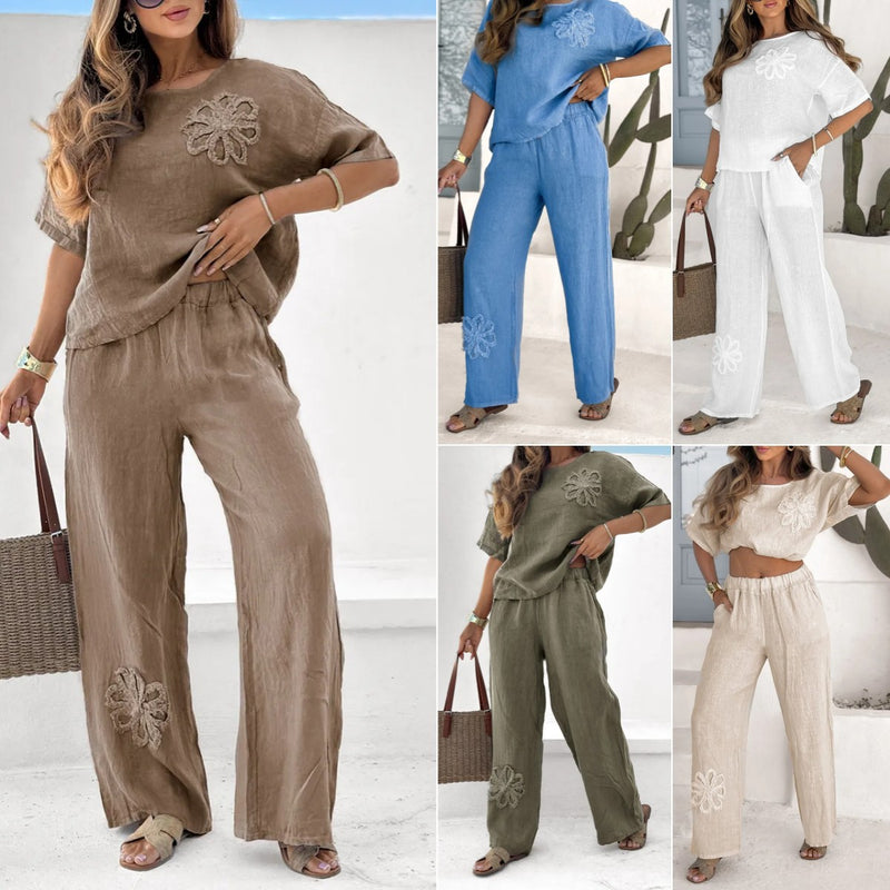 Plus Size Embroidered Two-Piece Set with High Waist Wide Leg Pants
