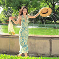 Peacock Blue Floral Halter Backless Dress, Seaside Vacation