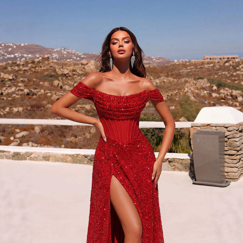 Women's Off-Shoulder Sequin Embellished Mermaid Slim Fit Sexy Premium Evening...