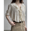 Summer Office French Short Sleeve V-Neck Tie-Front Ruffle Shirt