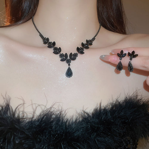 Western Imperial Breeze Rhinestone Wheat Ears Teardrop Stud Earring Necklace Set Fashionable Clavicle Chain Light Luxury Premium Necklace Women