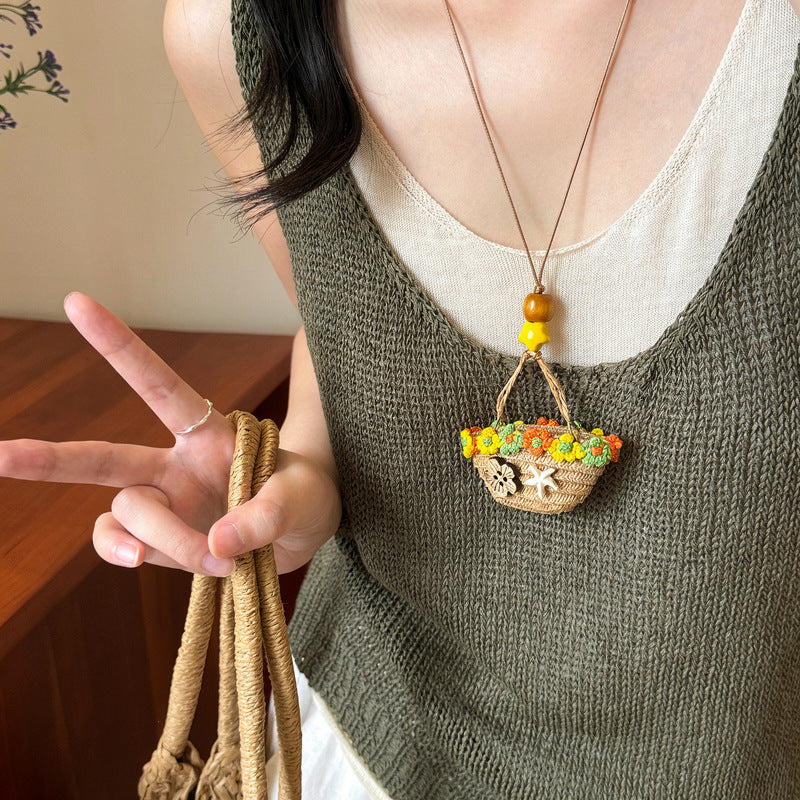 Bohemian Woven Straw Hat Pendant Necklace - view 10