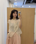 Summer Korean Artistic Ramie Mini Flutter Sleeve Stand Collar Diagonal Placket Lightweight Shirt