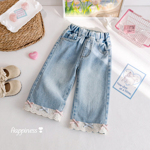 Girls' Lace Trim Bow Wide-Leg Jeans