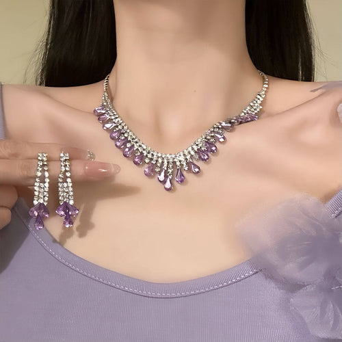 Banquet Focus Dot Purple Teardrop Cubic Zirconia Necklace Light Luxury Premium Evening Gown Clavicle Chain Design Detail Niche