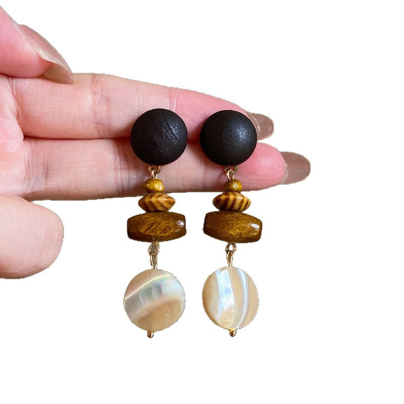 Vintage Wooden and Shell Round Stud Earrings - view 5