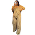 2026 Summer Casual V-Neck Striped Short Sleeve Top + Wide Leg Pants Set