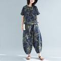 Women's Summer Ethnic Fashion Plus Size Short Sleeve Printed Loose Harem Pants 2-Piec - Rose Red