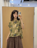 Summer Korean Artistic Ramie Mini Flutter Sleeve Stand Collar Printed Loose Shirt