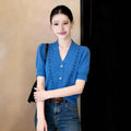 Women's Summer Knit Short Sleeve V-Neck Hollow-Out Cardigan + Top 2026 - Blue