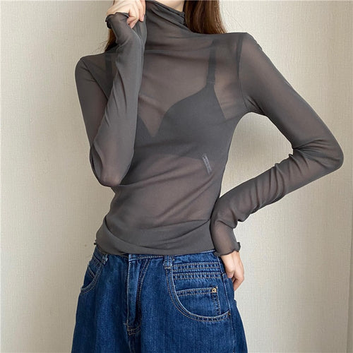 Women's Ruffle High Neck Lace Slim Layering Top