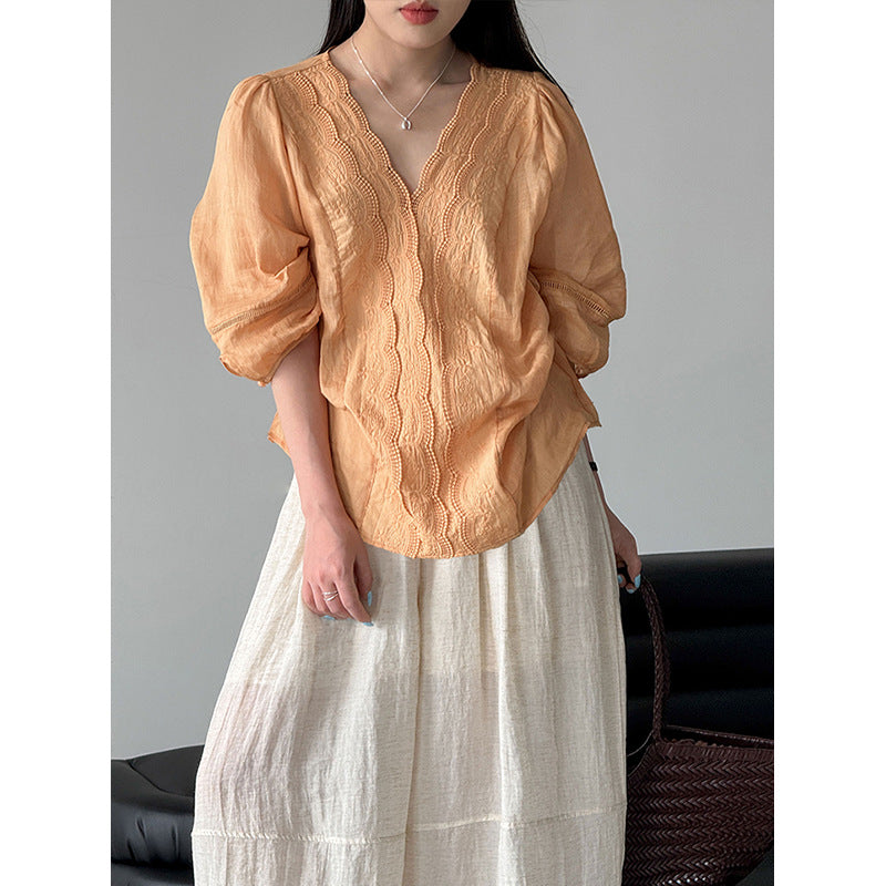 Summer Korean French Ramie Lace V-Neck Shirt