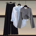 Fall-Winter Fashion Slimming Plus Size Knit Wool Wide Leg Pants + Sweater + Shirt 3-Piece Set