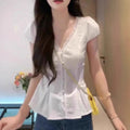 Summer Korean French Lace Short Sleeve V-Neck Lace Trim Fitted Shirt