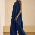 Women's Office Minimal Sleeveless Crew Neck High Waist Asymmetric Wide Leg Pants + Ta - Navy
