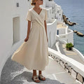 V-Neck Short Sleeve Flare Dress - Pleated Wide Swing Summer Vacation Dress Women