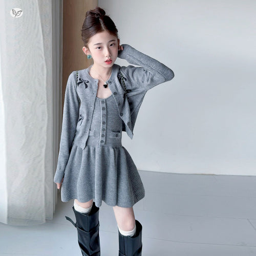 Girls' Tweed Cami Dress & Knit Cardigan Set