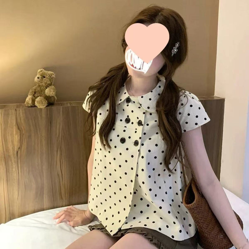 Summer Korean Slimming Short Sleeve Peter Pan Collar Polka Dot Cropped Shirt