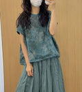 Summer Korean Artistic Ramie Mini Flutter Sleeve Stand Collar Printed Loose Shirt