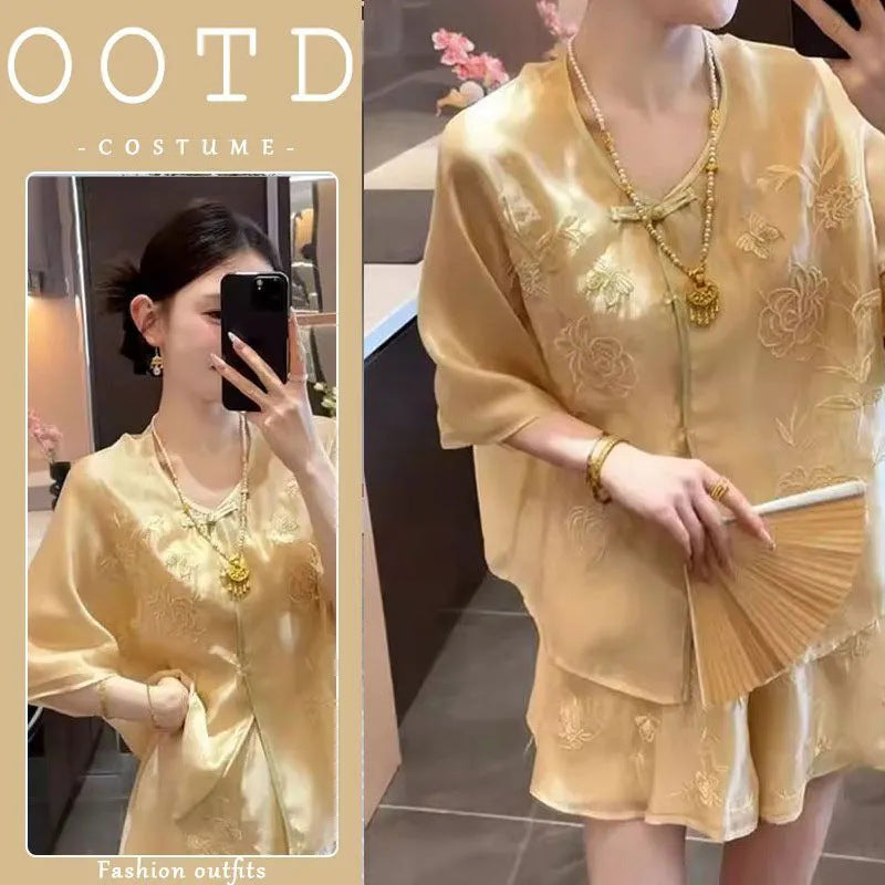 Summer New Chinese Casual Jacquard Sun-Protection Shirt + Shorts Set