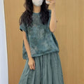 Summer Korean Artistic Ramie Mini Flutter Sleeve Stand Collar Printed Loose Shirt