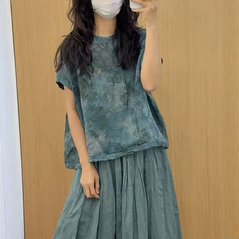 Summer Korean Artistic Ramie Mini Flutter Sleeve Stand Collar Printed Loose Shirt