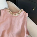 Women's Summer Ethnic Slimming Linen Beaded Tank Top + Shorts 2-Piece Set 2026 - Pink Set