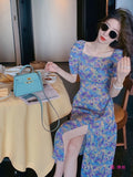 Purple Puff Sleeve Floral Fitted Long Dress with Side Slit
