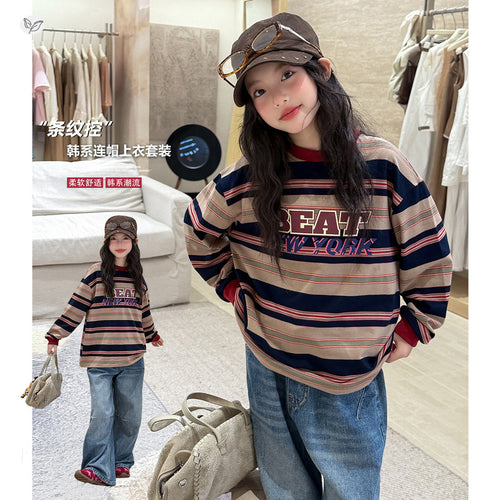 Girls' Striped Print Tee & Jeans Set