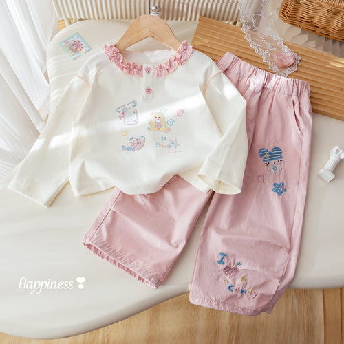 Girls' Cartoon Tee and Cargo Pants 2-Piece Set
