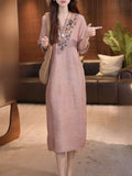 Retro Cotton Linen Embroidered V-Neck Plus Size Long Dress