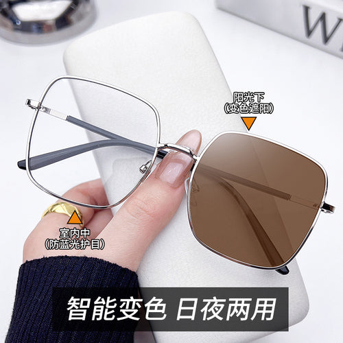 Premium Bare Face Breeze Spring Temple Glasses Frame Metal Polygon Blue-Light Glasses Trendy Tea Tint Color Plano