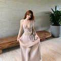 Lienni Nude Pink Embroidered Pleated Camisole Long Dress