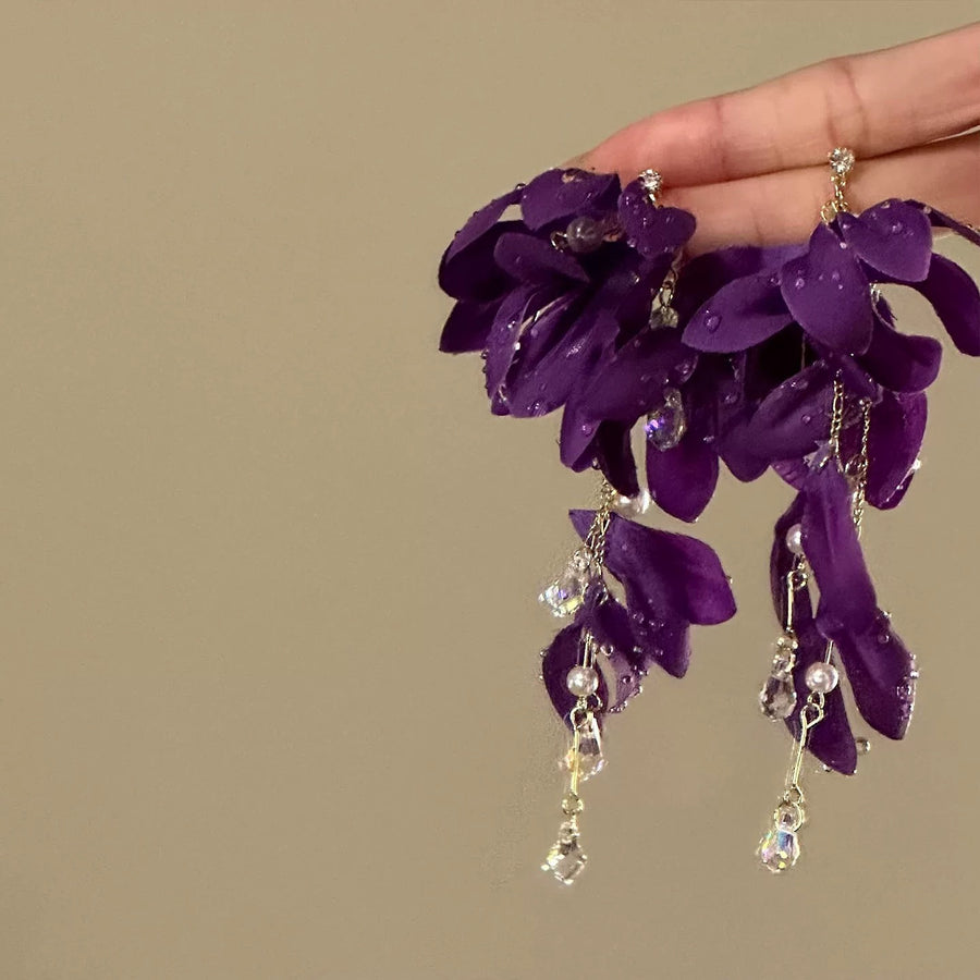 Purple Raffia Openwork Flower Tassel Earrings - view 12