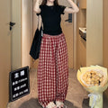 Summer Retro Casual Plus Size Plaid Wide Leg Pants + Tee Set