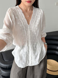 Summer Korean French Ramie Lace V-Neck Shirt