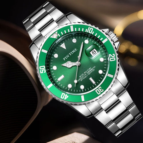 PINTIME / Item Time Submariner Style Watch Men Steel Band Quartz Watch New Formal Watch Export Brand Date Watch